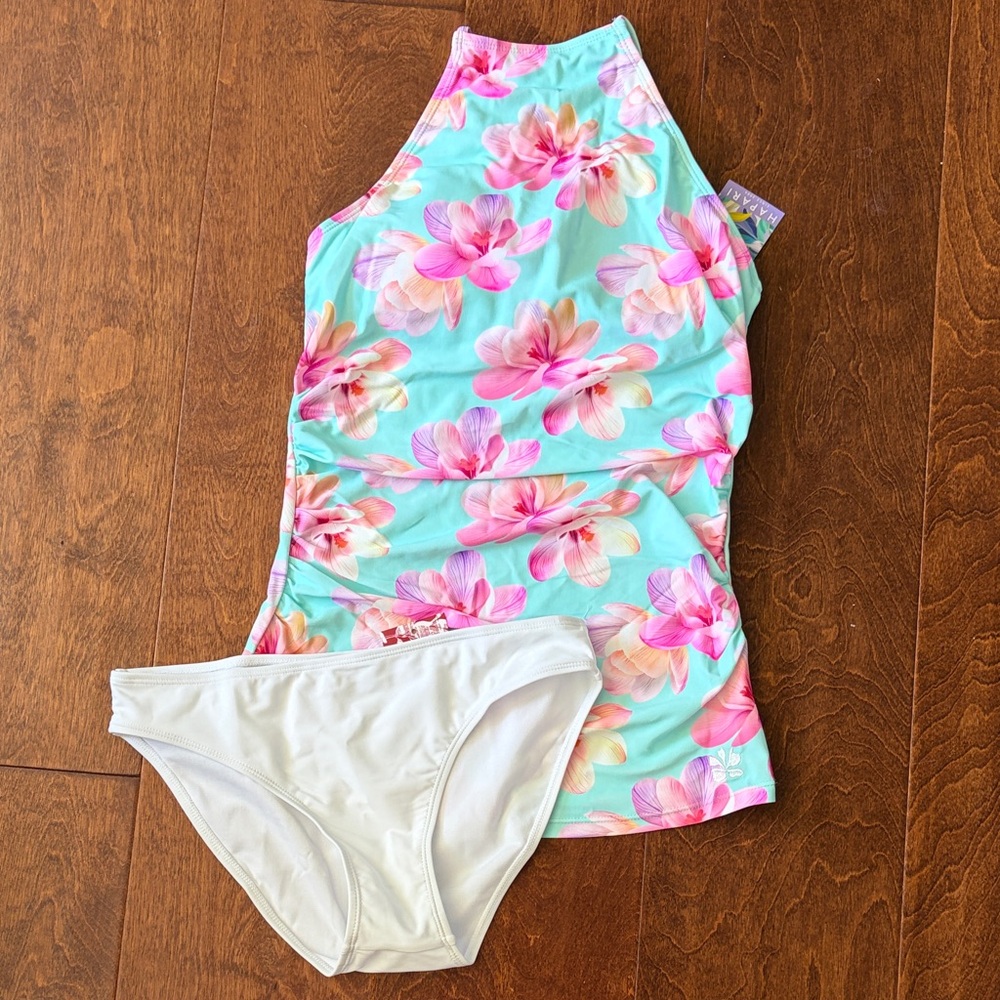 Hapari Aqua Floral High Neck Tankini Top with White Bikini Bottom